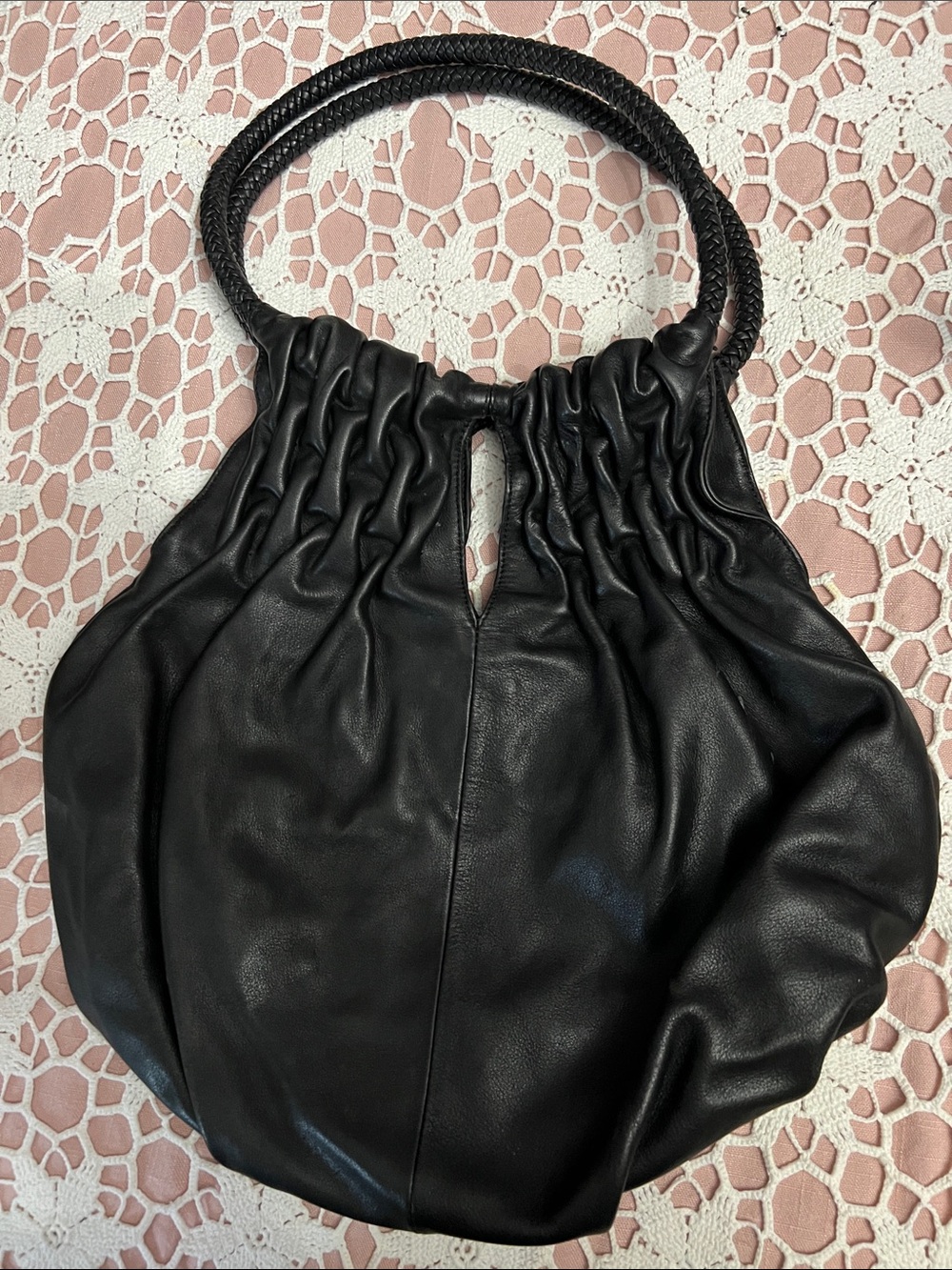 Kenneth Cole Black Gathered Leather Shoulder Bag with Braided Handles